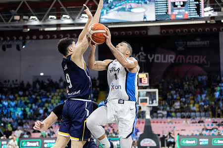 Kostas Sloukas (R) of Greece and Amar Gegic (L) of Bosnia and Herzegovina are seen in action during the group phase of the FIBA EuroBasket 2025 between Greece and Bosnia and Herzegovina at Spyros Kyprianou Arena. Final score; Bosnia and Herzegovina 80:77 Greece.