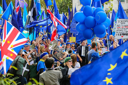 Anti-Brexit protesters with flags playing music while demonstrating in central London on the day MPs return back to Parliament after the summer recess.
On Monday 2 Sept 2019 British Prime Minister Boris Johnson warned Conservative MPs not to vote against the government in the next night's Bill that would block a no deal Brexit. Several MPs vowed to vote with the opposition regardless of the personal consequences.