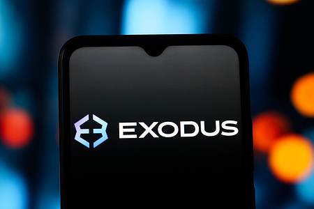 In this photo illustration, the Exodus Movement logo is seen displayed on a smartphone screen