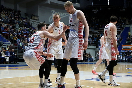 Andrey Lopatin (No.28), Gleb Goldyrev (No.8), Makar Konovalov (No.38) of MBA Moscow in action during the VTB United League basketball match, Second stage, between Zenit St Petersburg and MBA Moscow at Sibur Arena. Final score; Zenit 61:65 MBA.