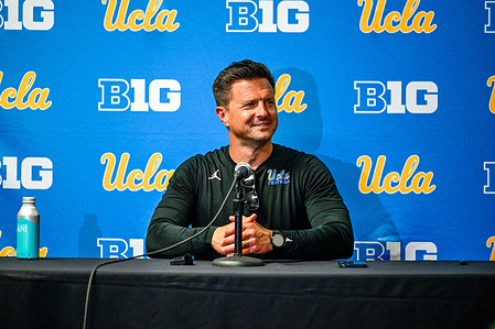 Head Football Coach Bob Chesney speaks to press after the UCLA Bruins 2026 Spring Football Game at the Rose Bowl Stadium. The intrasquad showcase marks the team’s final workout of spring practice and provides an early look at the roster ahead of the 2026 season.