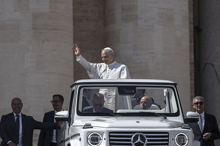Pope Leo XIV leaves at the end of his weekly general audience in St. Peter's square at the Vatican.