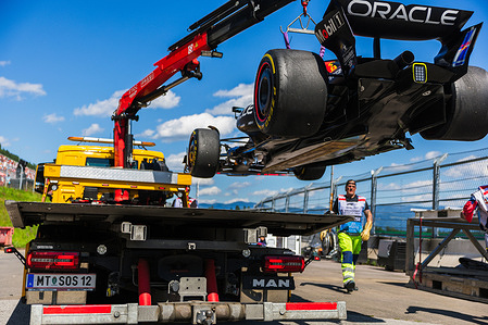 Oracle Red Bull Racing RB 21 gets towed away during Formula One Austrian Grand Prix at the Red Bull Ring.