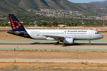 A Brussels Airlines Airbus 320 taxiing to departure from Malaga Costa del Sol airport. Brussels Airlines is the flag carrier and largest airline of Belgium, based and headquartered at Brussels Airport. It operates to over 100 destinations in Europe, North America, and Africa.