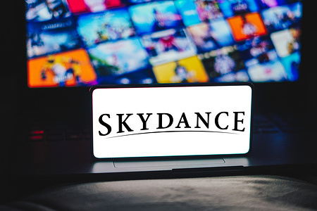 In this photo illustration, the Skydance Media logo is displayed on a smartphone screen.