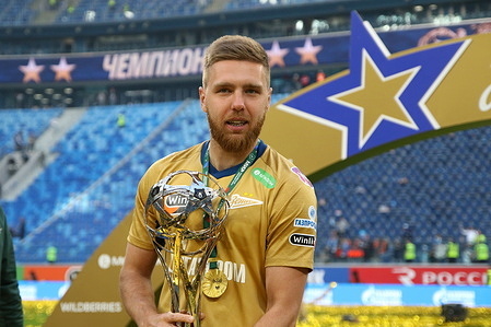 Ivan Sergeev (33), Zenit Football Club player celebrates after the match between Zenit and Krasnodar during the 27th round of the Russian Premier League season 2022/2022. Zenit players were awarded gold medals and a championship trophy in the Russian Premier League (RPL). This ceremony was held after their match with Krasnodar with the final score of 2:2.