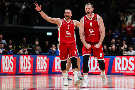 Nicolo Melli #9 of EA7 Emporio Armani Milan (R) celebrates with Stefano Tonut #7 of EA7 Emporio Armani Milan (L) during the Turkish Airlines EuroLeague Regular Season Round 9 game between EA7 Emporio Armani Milan and Anadolu Efes Istanbul at Mediolanum Forum. Final score; EA7 Milan 92:76 Efes.