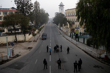 Nepal police officers patrol streets requesting citizens to stay home as a preventive measure against the spread of Coronavirus.
Nepal government has decided to lock down the whole country from 24 March till 31 March following a second confirmed COVID-19 case.