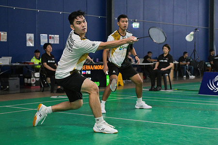 Alvin Morada (R) and Christian Bernardo (L) of Philippines seen in action during the Men's Double Quarter Final match against Eng Keat Wesley Koh and Junsuke Kubo of Singapore (not in the photo) during the ROKETTO Sydney International 2024 held at the Roketto Badminton Centre, Lidcombe. Morada and Bernard won the match 2:1 (8-21, 21-16, 21-19).