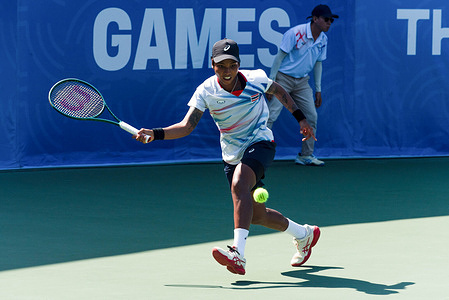Mananchaya Sawangkaew seen in action with Janice Tjen (not in view) during the Tennis Women's singles semifinals match at National Tennis Development Center. Mananchaya Sawangkaew defeated Janice Tjen in the 2025 SEA Games semifinals when Tjen retired due to a breathing issue after losing the first set 6-4