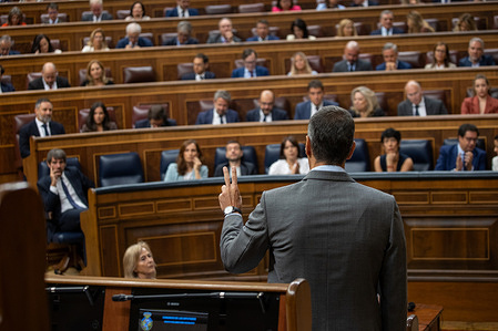 Pedro Sanchez, President of the Government of Spain, attends the plenary session of the Congress of Deputies and answers questions during the parliamentary oversight session of the Government.