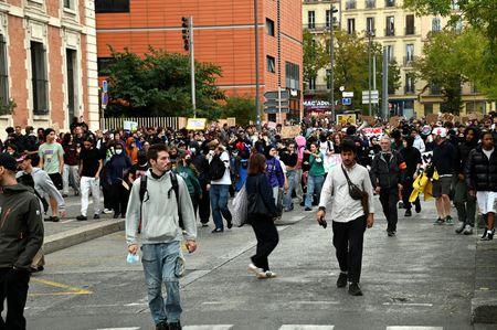 High school students invade the Place de la Joliette during the demonstration. Thousands of high school students are marching through the streets to protest against budget cuts affecting high schools and the entire national education system.