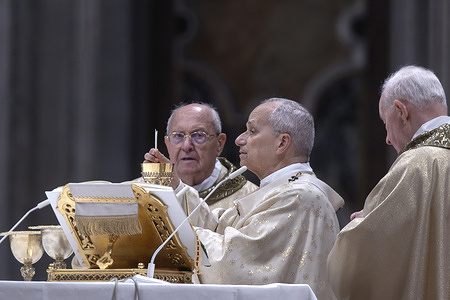 Pope Leo XIV seen celebrating Christmas morning Mass in St Peter’s Basilica.