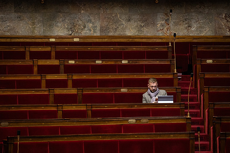 Kevin Pfeffer, deputy of Rassemblement National parliamentary group, RN , is seen during the session of questions to the French government at the National Assembly. A weekly session of questions to the French government took place in the hemycicle of the National Assembly at Palais Bourbon, in Paris, France.