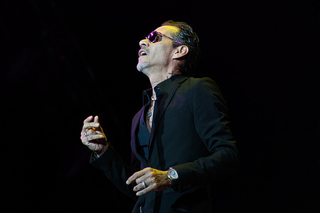 Singer Marc Anthony performs during a concert at the Movistar Arena in Madrid.