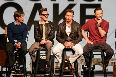 L- R Dougie Poynter, Tom Fletcher, Danny Jones and Harry Judd seen on stage for the recording of Song Cake. Song cake is a new kind of podcast / tv show and live experience with some of the biggest music artists, produced by Grammy awarded record producer & show runner, Jason Perry who hosts the chat along side Philip Wlding.
this recording had guest band mcfly, Danny Jones, Tom Fletcher, Harry Judd and Dougie Poynter. recorded live in front of a studio audience in London.
