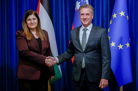 Palestinian Foreign Minister Varsen Aghabekian Shahin meets with Slovenian Prime Minister Robert Golob during Shahin's visit. The ministers advocated for more countries to recognise Palestine and signed a memorandum to set up a framework for regular dialogue and cooperation.
