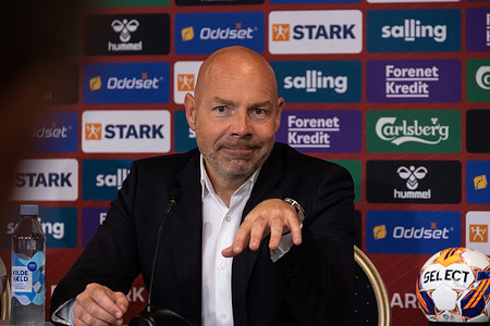 Denmark's head coach Brian Riemer speaks during a post-match press conference following the friendly match between Denmark and Northern Ireland at Parken Stadium. Final score: Denmark 2 :1 Northern Ireland