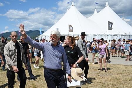 Czech president Petr Pavel seen greeting fans during the last day of Pohoda Festival 2026 at Airport Trencin. Pohoda festival is the biggest open-air summer music festival in Slovakia, and celebrates the 30th anniversary.