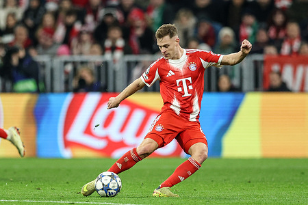 Joshua Kimmich of Bayern Munich seen in action during the UEFA Champions League 2025/2026 match between Bayern Munich and Sporting at Allianz Arena. Final Score; Bayern Munich 3:1 Sporting.