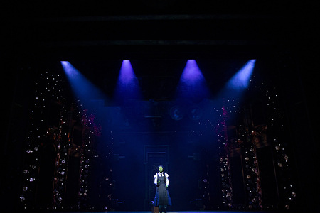 Cristina Picos poses during the press preview of Wicked, El Musical at Nuevo Teatro Alcalá. The musical "Wicked, El Musical" was presented during a press preview and photo opportunity, where selected scenes and musical numbers were performed for the media, featuring the actors from the production.