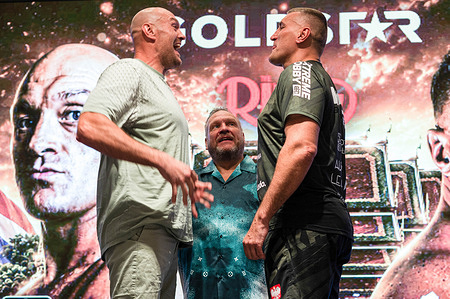 Tyson Fury (L) and Mariusz Wach (R) face off during the official press conference ahead of their heavyweight contest. Former heavyweight world champion Tyson Fury and Poland's Mariusz Wach held the official press conference ahead of their heavyweight contest for the WBC "World Boxing Council" Humanitarian Title. It's promoted by Gold Star and will take place at Max Muay Thai Arena in Pattaya, Thailand, with proceeds supporting the Father Ray Foundation.