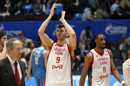 Andrei Martiuk (9) of Lokomotiv Kuban in action during the VTB United League basketball match, Playoffs, 1/2 finals, 1 match, between Zenit Saint Petersburg and Lokomotiv Kuban Krasnodar at "kck Arena". Final score; Zenit 106:79 Lokomotiv Kuban.