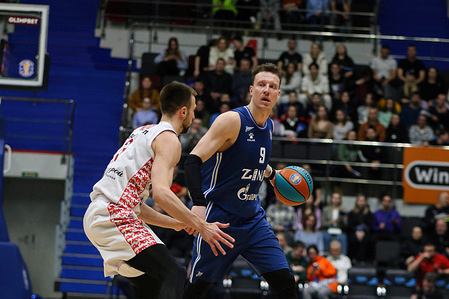 Dmitry Kulagin (No.9) of Zenit St Petersburg and Nikita Remizov (No.3) of MBA Moscow in action during the VTB United League basketball match, Second stage, between Zenit St Petersburg and MBA Moscow at Sibur Arena. Final score; Zenit 73:71 MBA.