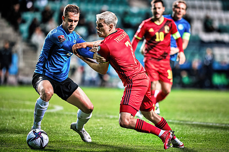 Märten Kuusk (2) of Estonia and Leandro Trossard (7) of Belgium are seen in action during the FIFA World Cup 2022 Qualifiers game between Belgium and Estonia at A. le Coq Arena.
Final score; Belgium 5:2 Estonia)