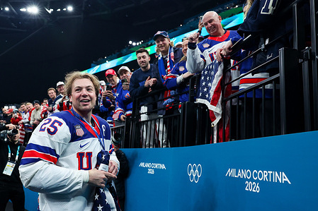 Charlie MsAvoy of United States of America celebrates during the Ice Hockey Men Final Gold Medal Game between Canada and United States of America of the Milano Cortina 2026 Winter Olympics at Milano Santagiulia Ice Hockey Arena in Milan