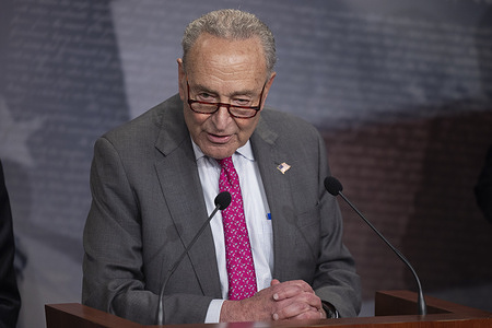 Senate Minority Leader Chuck Schumer (D-NY) speaks at a press conference with other Senate Democrats. Senate Minority Leader Chuck Schumer (D-NY) and other Senate Democrats held a press conference voicing their opposition to how Senate Republicans are proceeding with the budget reconciliation process.