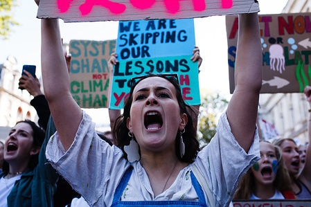 Protester shouts slogans during the demonstration.
Thousands take part in the first day of a week of worldwide 'climate strikes', part of the youth-led 'Fridays for Future' movement that was begun by Swedish teenager Greta Thunberg. In London, Organisers say they expect more than 2,400 such demonstrations to be held from today until September 27 in what is being billed as a 'Global Week For Future'. It is a week that also sees the first ever UN Youth Climate Summit, as well as the UN's Climate Action Summit, in New York.
