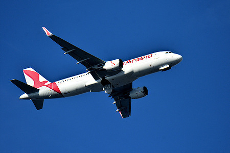View of an Air Arabia plane seen arriving at Marseille Provence Airport.