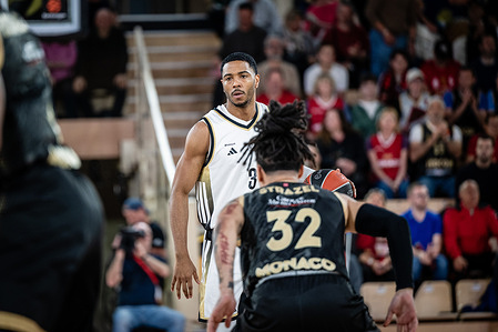 Shaquille Harrison of LDLC Asvel Lyon Villeurbane seen in action with Matthew Strazel of AS Monaco during Turkish Airlines Euroleague match between LDLC ASvel Lyon Villeurbane and AS Monaco at Salle gaston Medecin. Final score; AS Monaco 81: 76 LDLC Asvel.