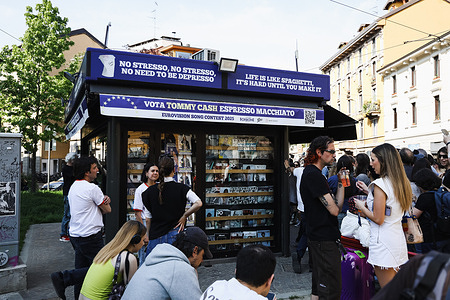 Tommy Cash (Tomas Tammemets) meets fans and distributes coffee to present his song Espresso Macchiato for the Eurovision Song Contest 2025 at the news stand in Piazza Morbegno.