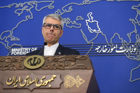 Esmaeil Baghaei spokesperson of Iran’s Foreign Ministry makes speeches during his weekly press conference.