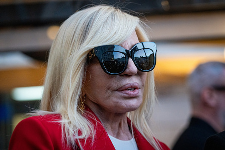Donatella Versace arrives at the PM23 exhibition site, where Valentino Garavani, who died on January 20, 2026, is lying in state before the funeral.