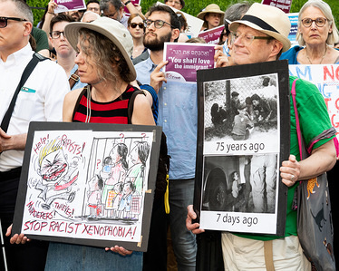 Demonstrators seen holding placards during the protest. Protest against inhumane treatment of immigrants organized by T’ruah: The Rabbinic Call for Human Rights, Jews for Racial and Economic Justice [JFREJ] and 35+ other Jewish organizations. The rally took place in Federal Plaza in lower Manhattan in New York City.