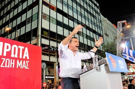 Alexis Tsipras, speaks during the rally.
President of SYRIZA and Greek Prime Minister, Alexi Tsipras, makes a speech during an election rally in Syntagma square. Snap Elections are planned for the 7th of July.