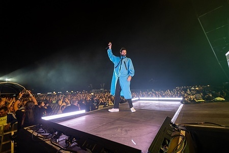 Lead singer Sergio Pizzorno of the British alternative‑rock band Kasabian performs during the third day of the CA Vilar de Mouros Festival.