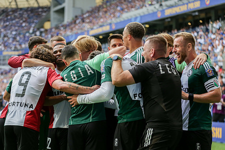Players of Legia Warszawa celebrate a goal during the Polish Super Cup 2025 match between Lech Poznan and Lega Warszawa at Enea Stadium. Final score; Lech Poznan 1 : 2 Legia Warszawa.