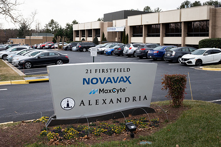 A view of a sign at the Novavax corporate headquarters. 
Novavax is the creator of a vaccine for COVID-19.