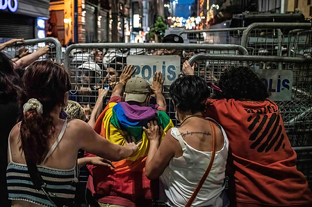 Protesters are seen trying to push through the police barriers during the demonstration.
Hundreds of women gathered in the heart of Istanbul to protest against President Erdogan's decision to pull Turkey out of Istanbul Convention, an international treaty to tackle violence against women.