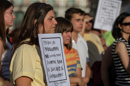 A protester carries a sign during the demonstration. The national demonstration for suicide prevention is part of World Suicide Prevention Day celebrated on September 10th. Each year, more than 4,000 people die by suicide in Spain. The slogan of the demonstration was "Because your story matters."