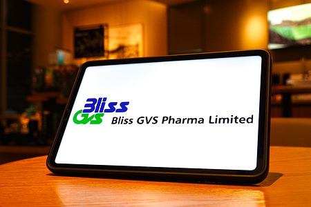 In this photo illustration, the Bliss GVS Pharma Limited logo is displayed on the screen of a tablet.