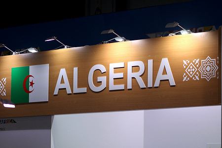 An Algeria signboard seen at the Russia - Africa, Second Summit Economic and Humanitarian forum 2023 in Saint Petersburg.