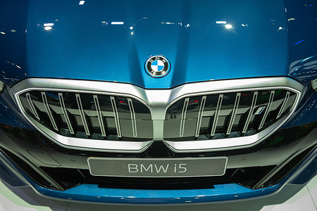 The front end of BMW i5 electric car is seen at the BMW booth at the 47th Bangkok International Motor Show at the IMPACT Challenger Hall. Around 45 car and motorcycle makers attend the show. This year, the theme is "THE ICONIC SYNCHRONICITY", signifying the seamless integration of automotive innovation, advanced technology, and unique design.