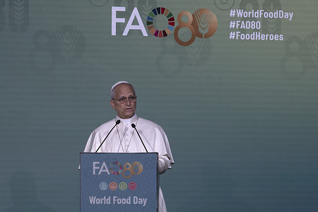 Pope Leo XIV delivers his sppech during the World Food Day ceremony at the headquarters of the Food and Agriculture Organization (FAO) in Rome,  to mark the 80th anniversary of the organization's founding