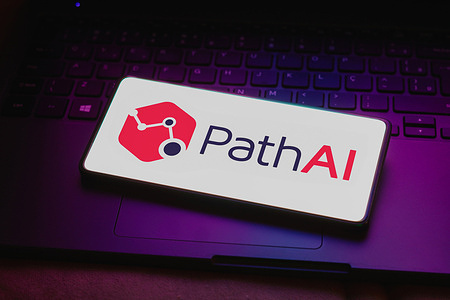 In this photo illustration, the PathAI logo is displayed on a smartphone screen.