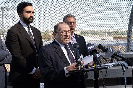 Congressman Jerry Nadler speaks during a press conference calling out President Donald Trump freezing $18 billion to New York City infrastructure projects at Hudson Yards. Hosted by Zohran Mamdani, Democratic Candidate for Mayor of New York City, would be joined at the MTA West Side Yard by Assemblymember Tony Simone, and State Senator Hoylman-Sigal.